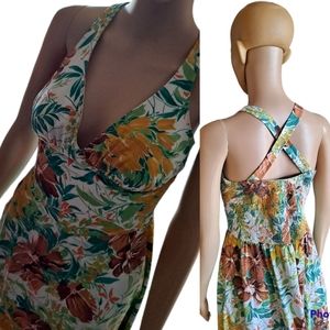 Tropical a-line convertible strap neckline drop waist dress with pockets